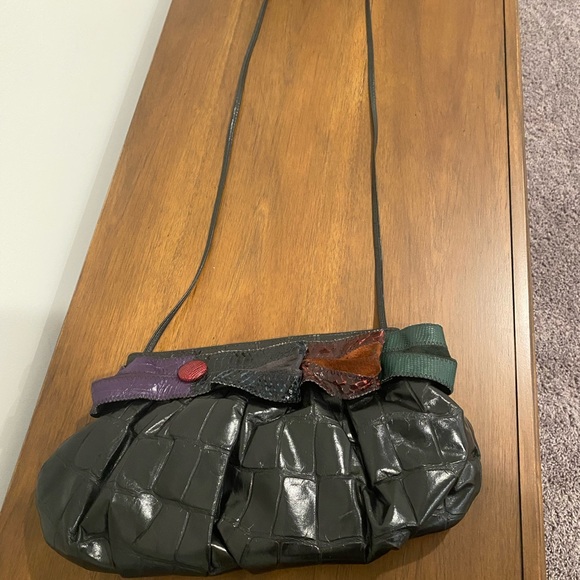 80's Black Samir🦎 Leather Reptile Patchwork Clutch Handbag🌵 - Picture 7 of 7